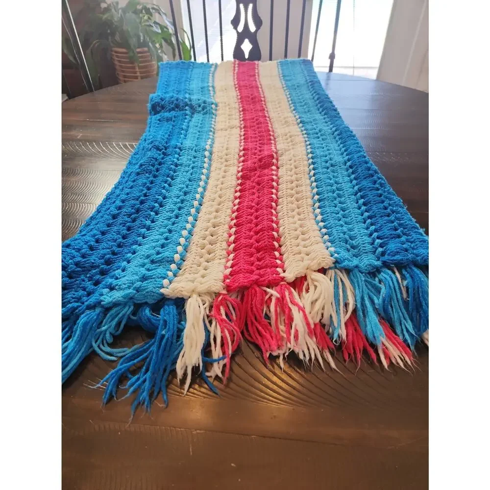 Vintage Handmade Crochet Afghan Blanket Twin Size Blue Red White Fringe